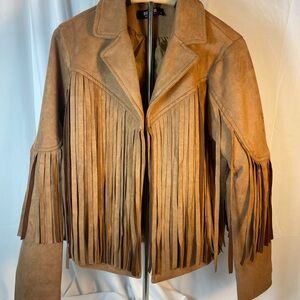 Fringed Faux Suede Leather Jacket in Cognac/Camel Brown. Vintage /Y2K Vibes